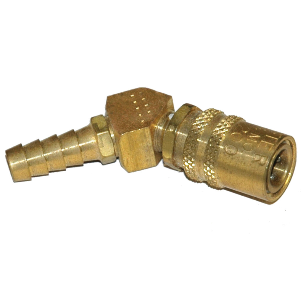 Coupler, 1/4" Passage, 45 Degree, 5/16" Straight Barb, 225 Series.