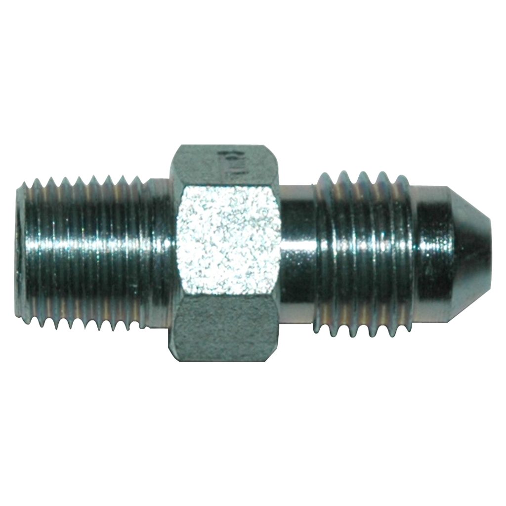 Adapter Fitting, Male JIC x Male Pipe Thread, 7/16"-20 Male JIC 37 Degree Flare x 1/8" Male NPT.