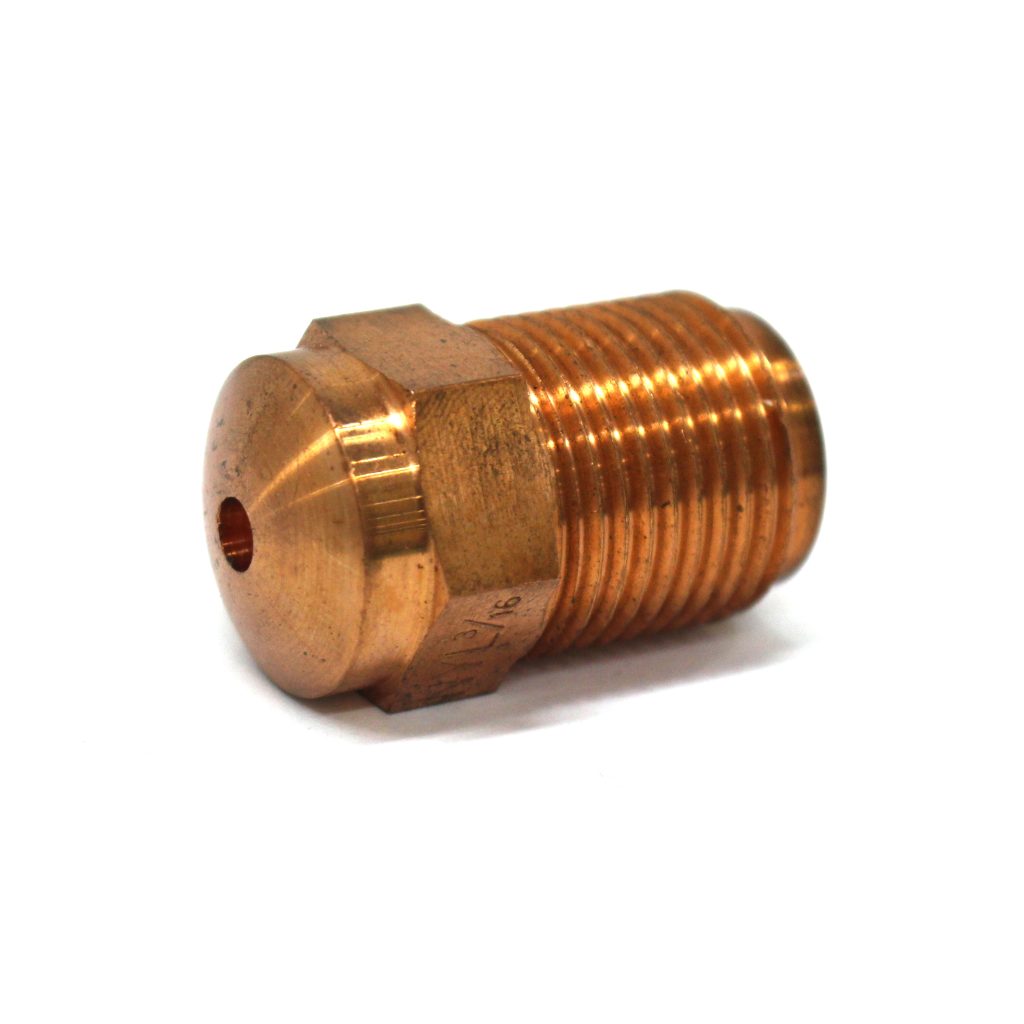 Nozzle Tip, Nylon, BeCu, 1-1/2" OAL, 7/8"-14 Thread, 1/2" Rear Opening, 3/4" Radius, 3/16" Orifice