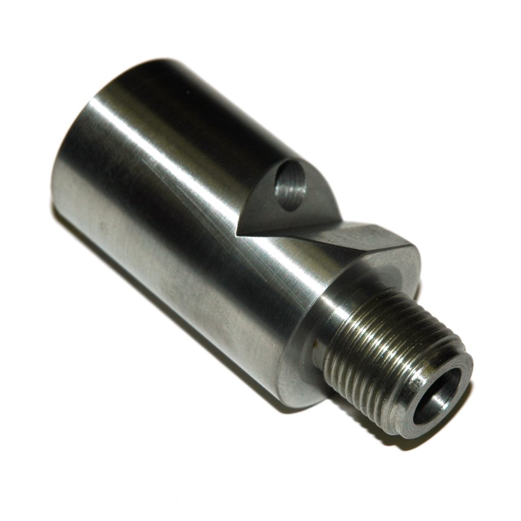 Nozzle Tip Adapter with Gas Port, 3-3/8" OAL 7/8"-14 Male Thd, 7/8"-14 Female Thd, 1/4"-28 TC Hole