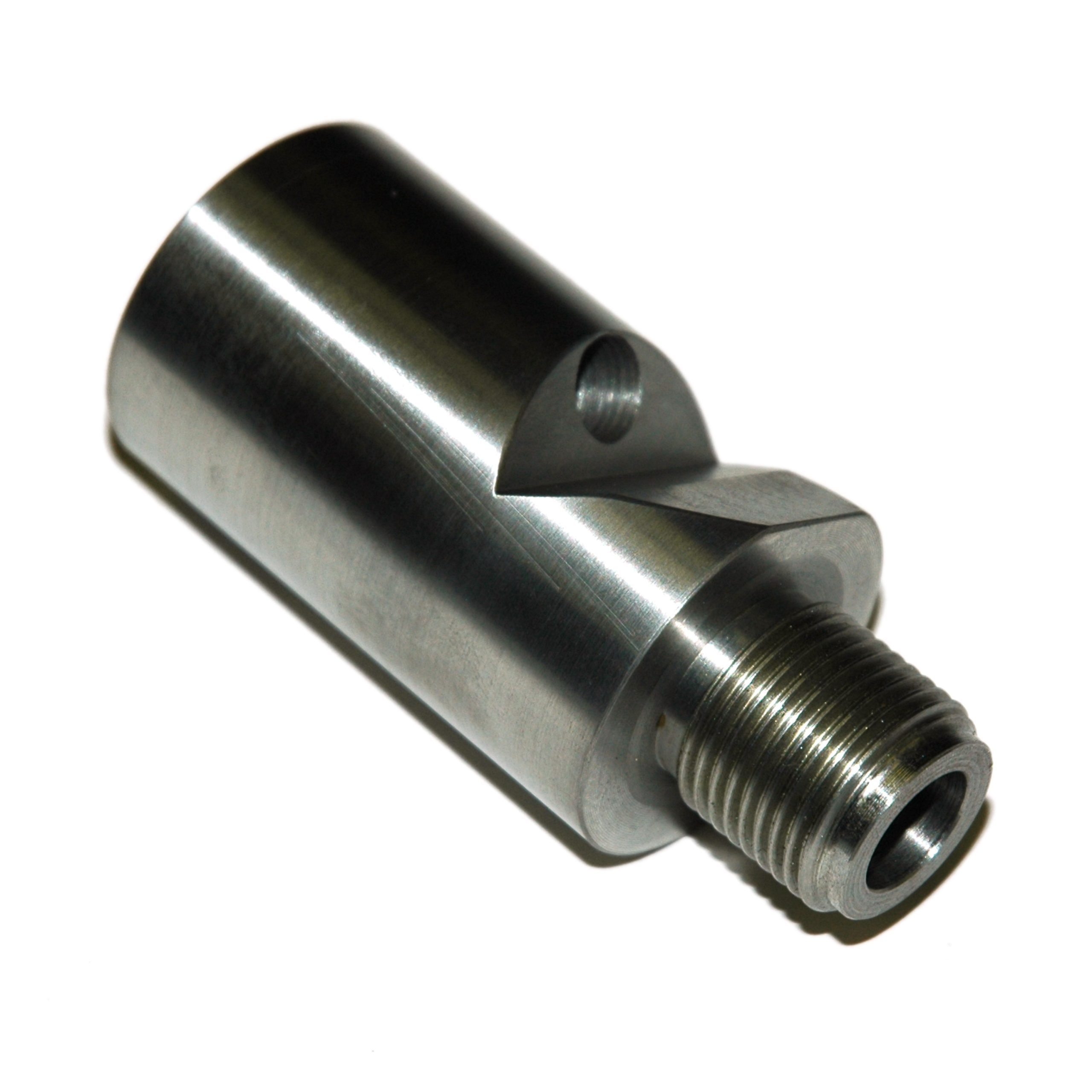 Nozzle Tip Adapter with Gas Port, 3-3/8" OAL 7/8"-14 Male Thd, 7/8"-14 Female Thd, 1/4"-28 TC Hole - Image 1