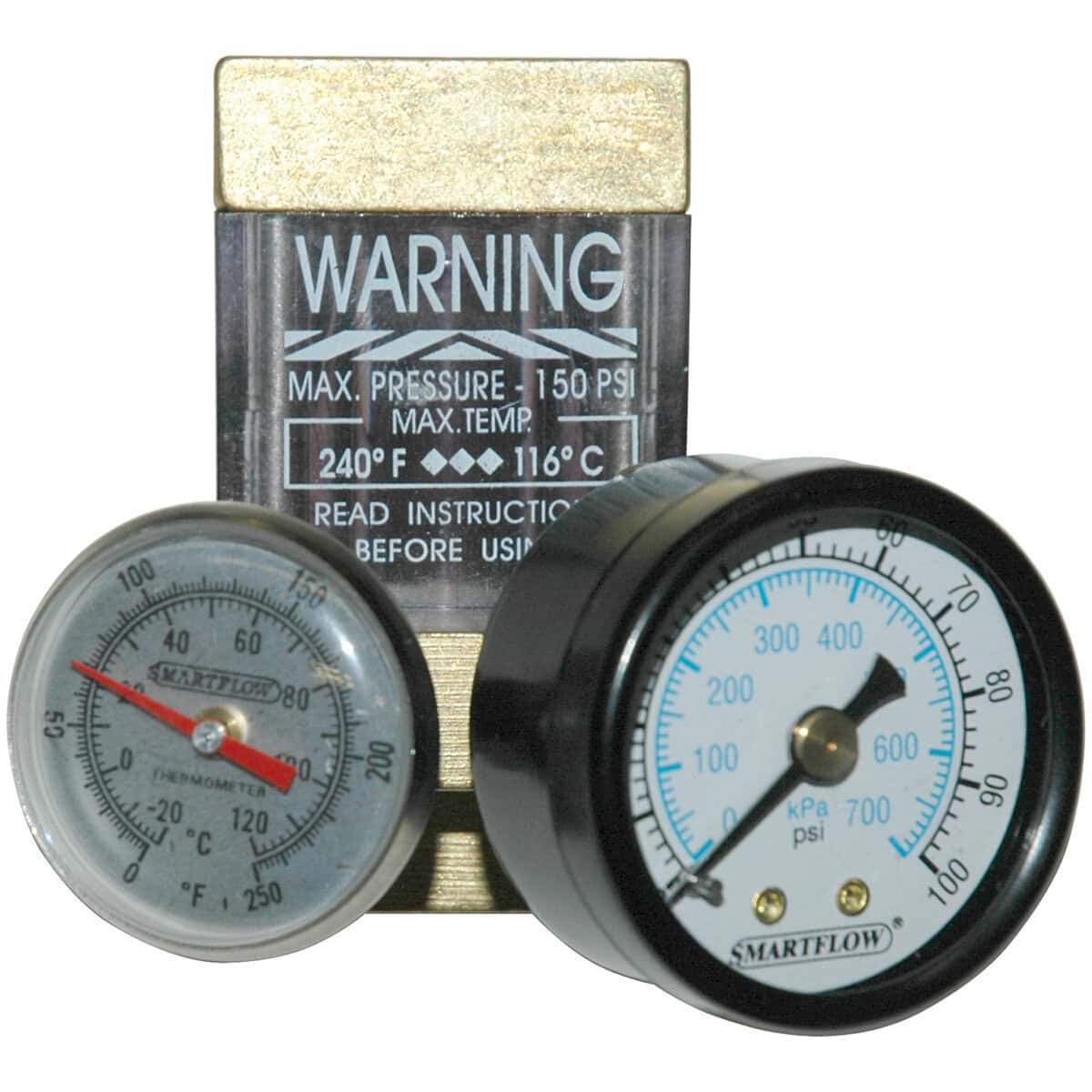 Flowmeter, 1/4" NPT, 2.5 gpm, Brass, Thermometer and Pressure Gauge (100 psi) - Image 1