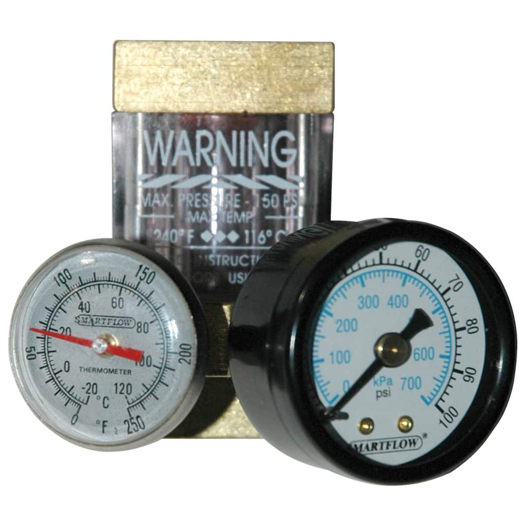Flowmeter, 1/4" NPT, 8.0 gpm, Brass, Thermometer and Pressure Gauge (100 psi)