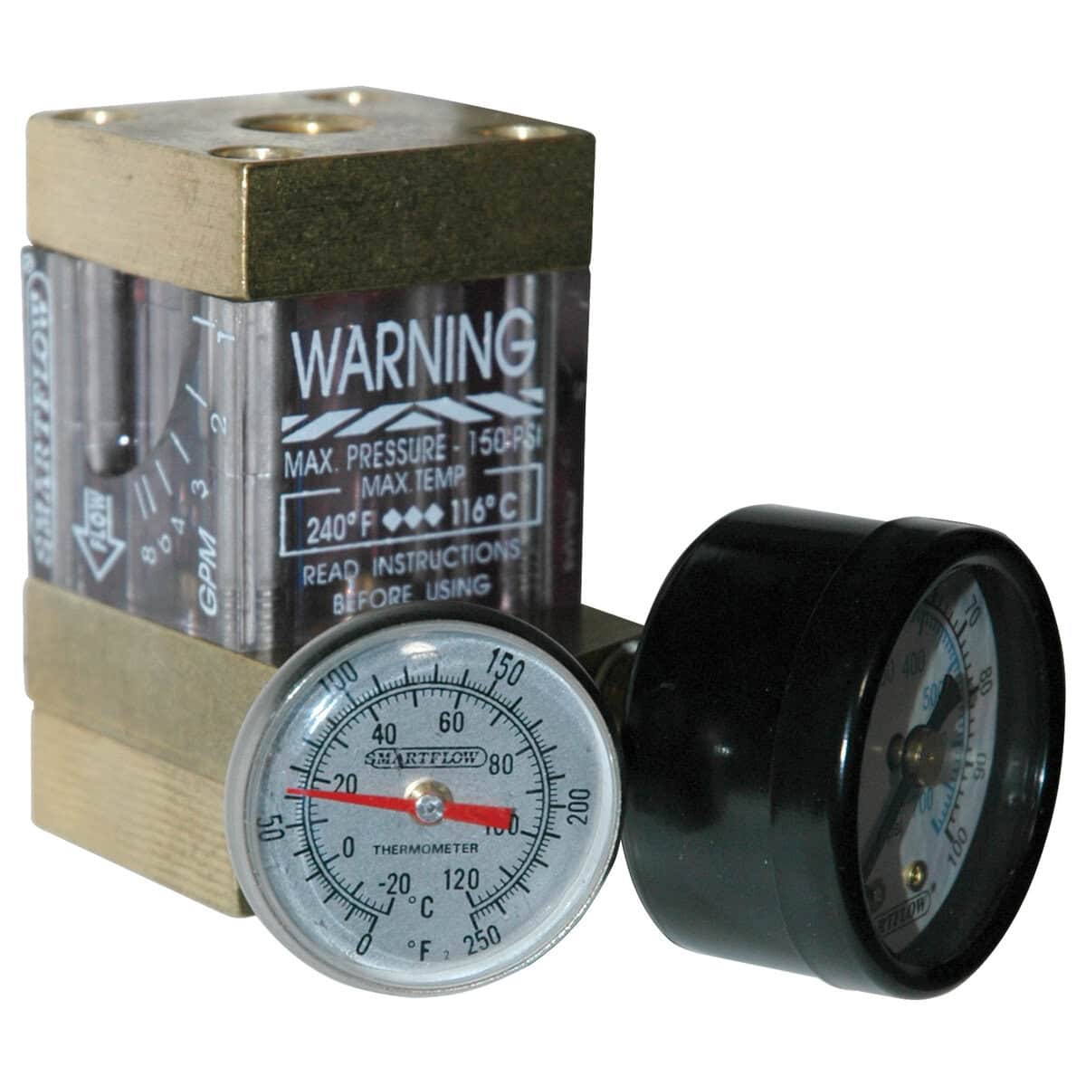 Flowmeter, 1/4" NPT, 8.0 gpm, Brass, Thermometer and Pressure Gauge (100 psi) - Image 2