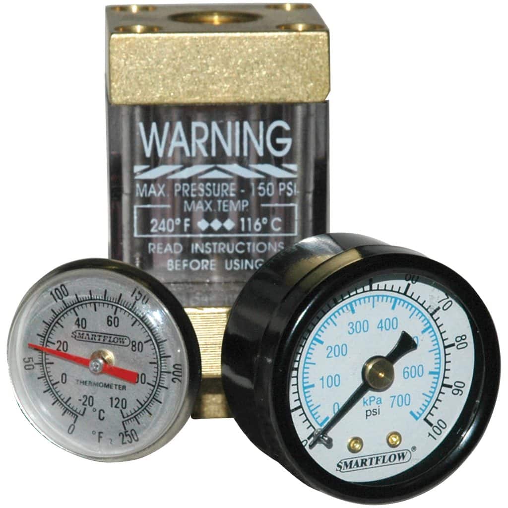 Flowmeter, 3/8" NPT, 8.0 gpm, Brass, Thermometer and Pressure Gauge (100 psi)