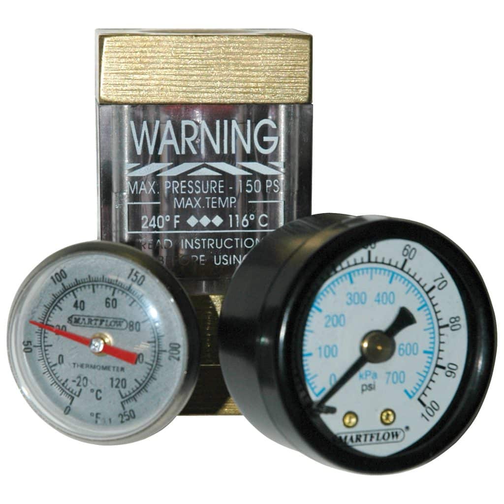 Flowmeter, 1/2" NPT, 8.0 gpm, Brass, Thermometer and Pressure Gauge (100 psi)