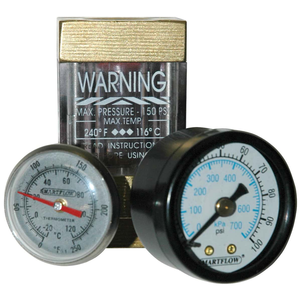 Flowmeter, 1/2" NPT, 8.0 gpm, Brass, Thermometer and Pressure Gauge (100 psi) - Image 1