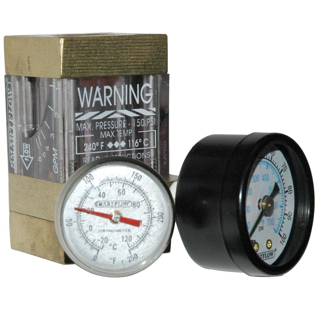 Flowmeter, 1/2" NPT, 8.0 gpm, Brass, Thermometer and Pressure Gauge (100 psi)