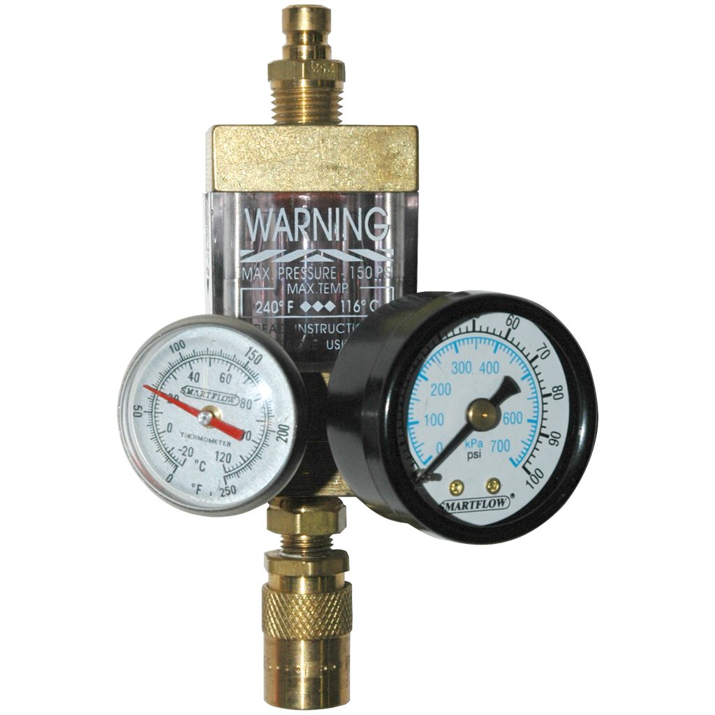Flowmeter, 1/4" NPT, 8.0 gpm, Brass, Thermometer, Pressure Gauge (100 psi), QD's