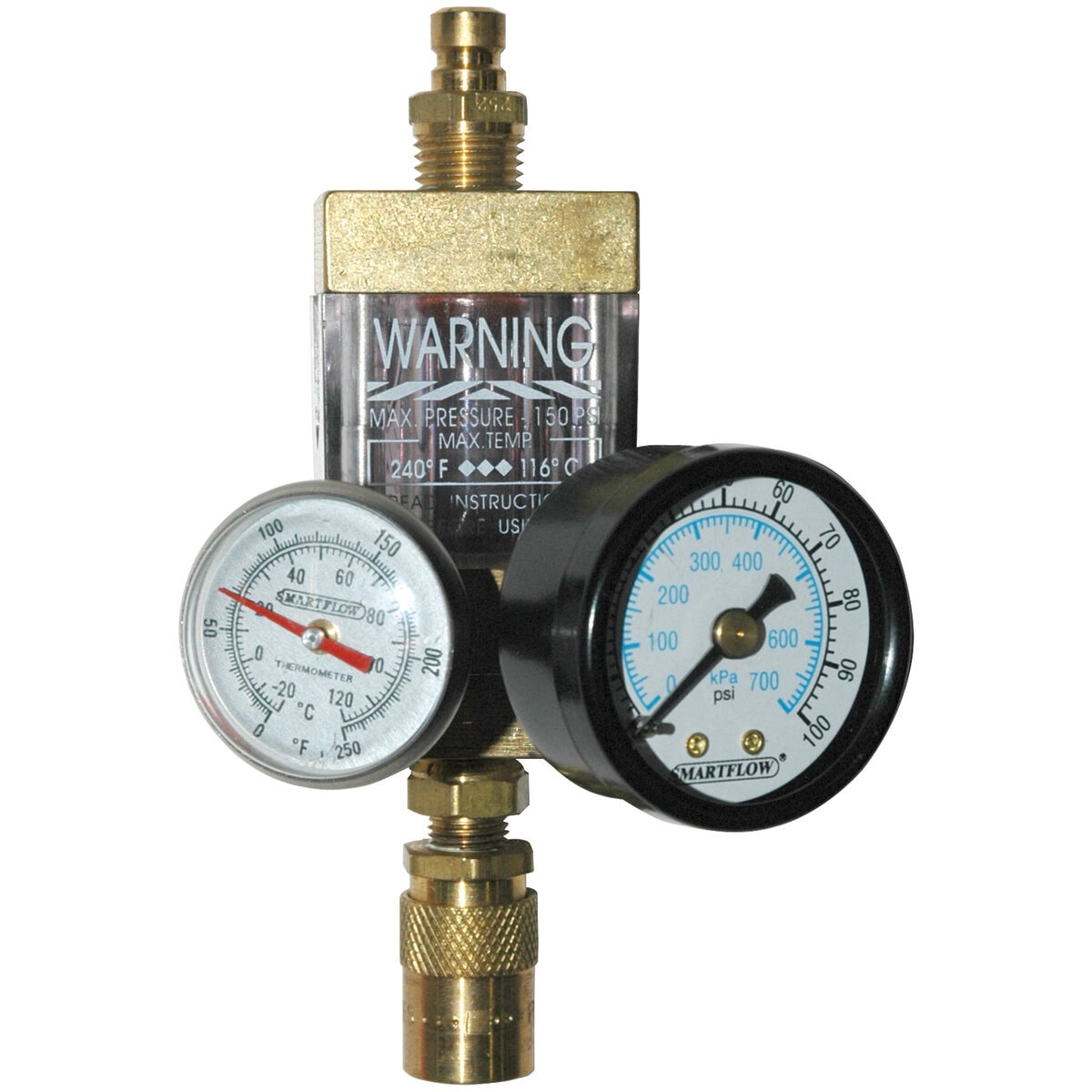 Flowmeter, 1/4" NPT, 8.0 gpm, Brass, Thermometer, Pressure Gauge (100 psi), QD's - Image 1