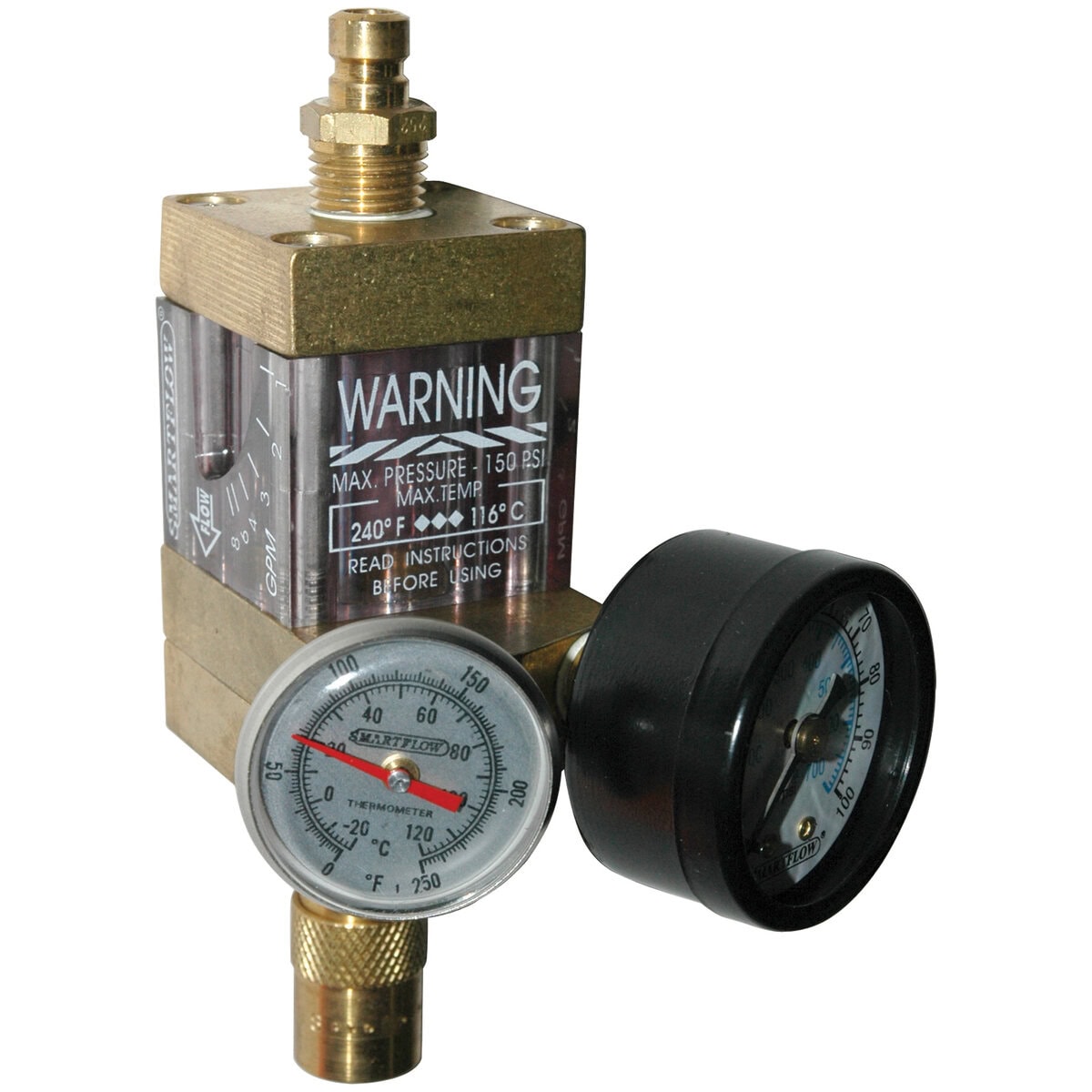 Flowmeter, 1/4" NPT, 8.0 gpm, Brass, Thermometer, Pressure Gauge (100 psi), QD's - Image 2