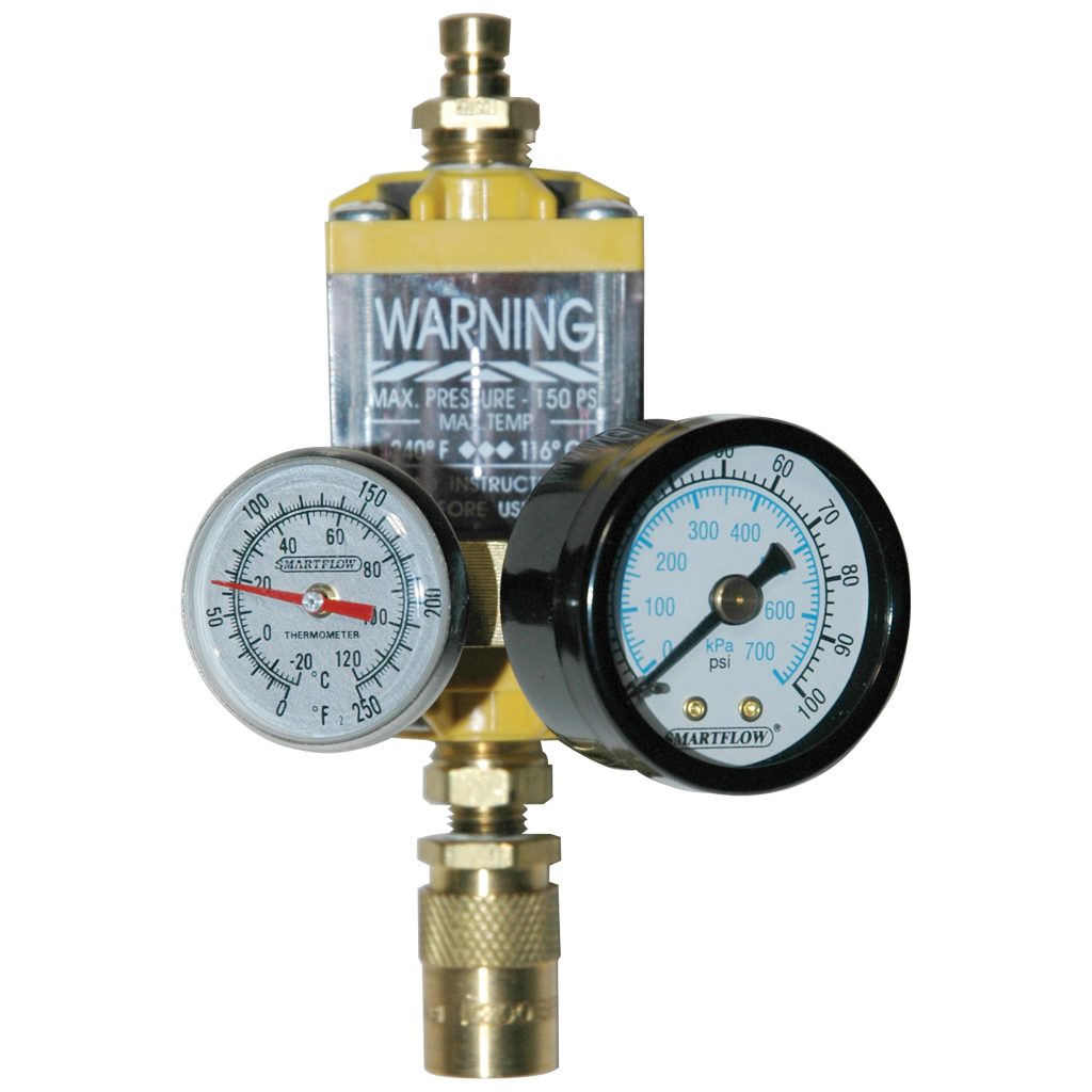 Flowmeter, 1/4" NPT, 8.0 gpm, Nylon, Thermometer, Pressure Gauge (100 psi), QD's