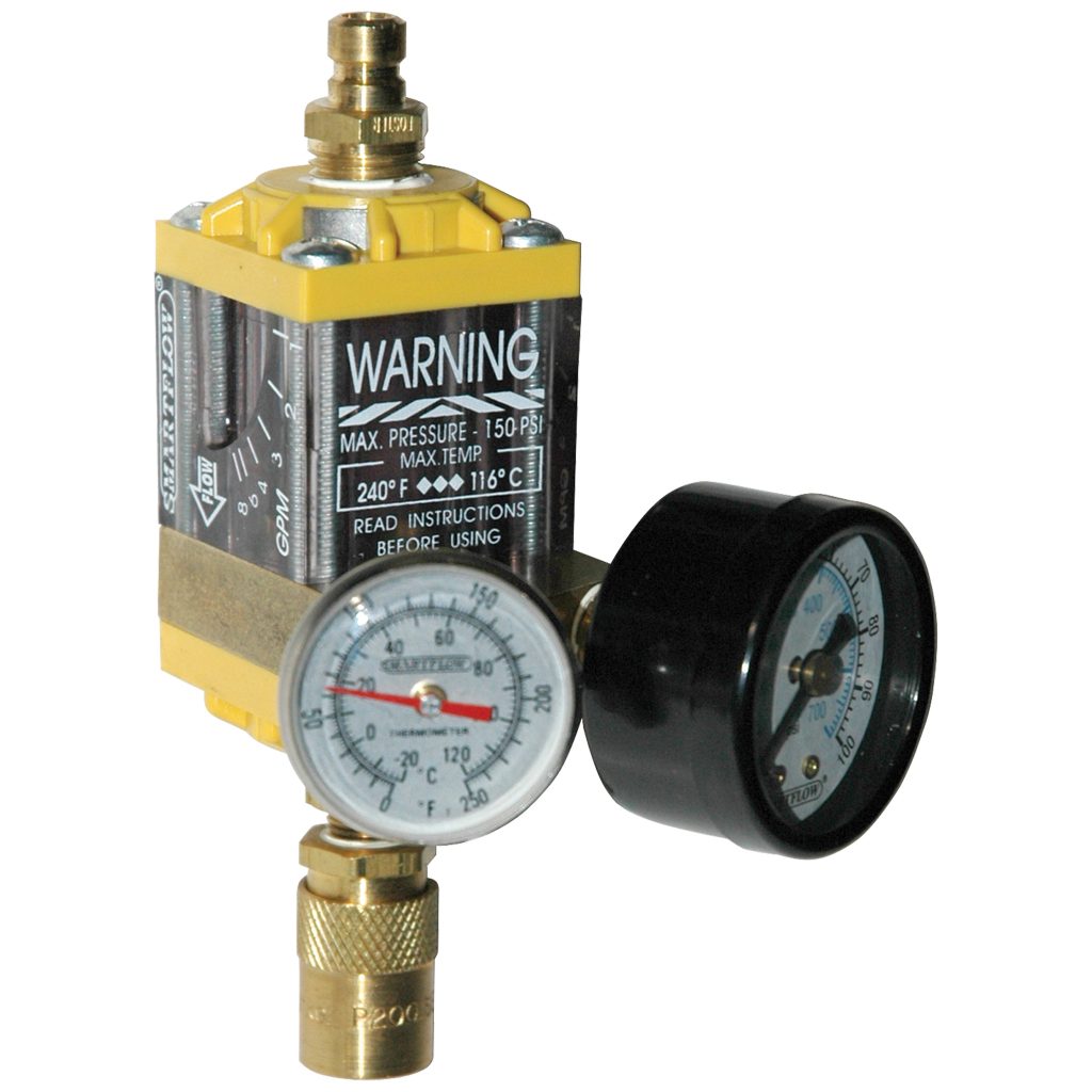 Flowmeter, 1/4" NPT, 8.0 gpm, Nylon, Thermometer, Pressure Gauge (100 psi), QD's
