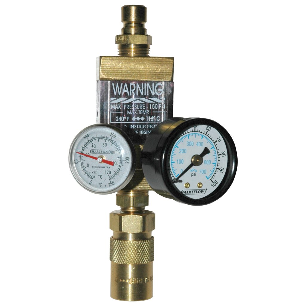Flowmeter, 3/8" NPT, 2.5 gpm, Brass, Thermometer, Pressure Gauge, QD's