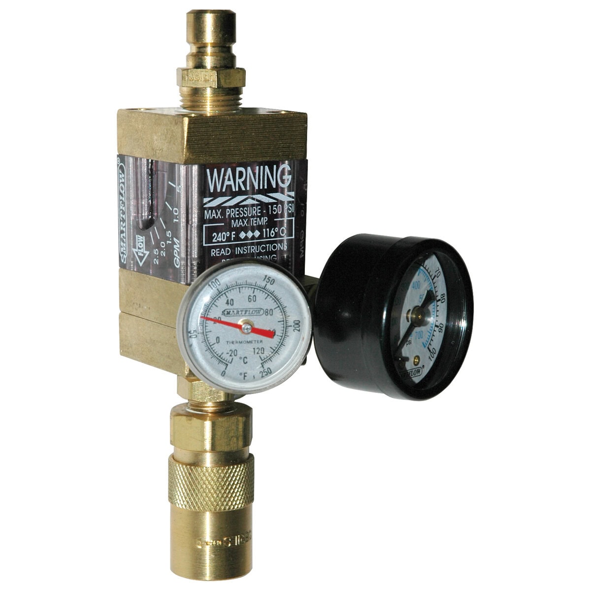 Flowmeter, 3/8" NPT, 2.5 gpm, Brass, Thermometer, Pressure Gauge, QD's - Image 2