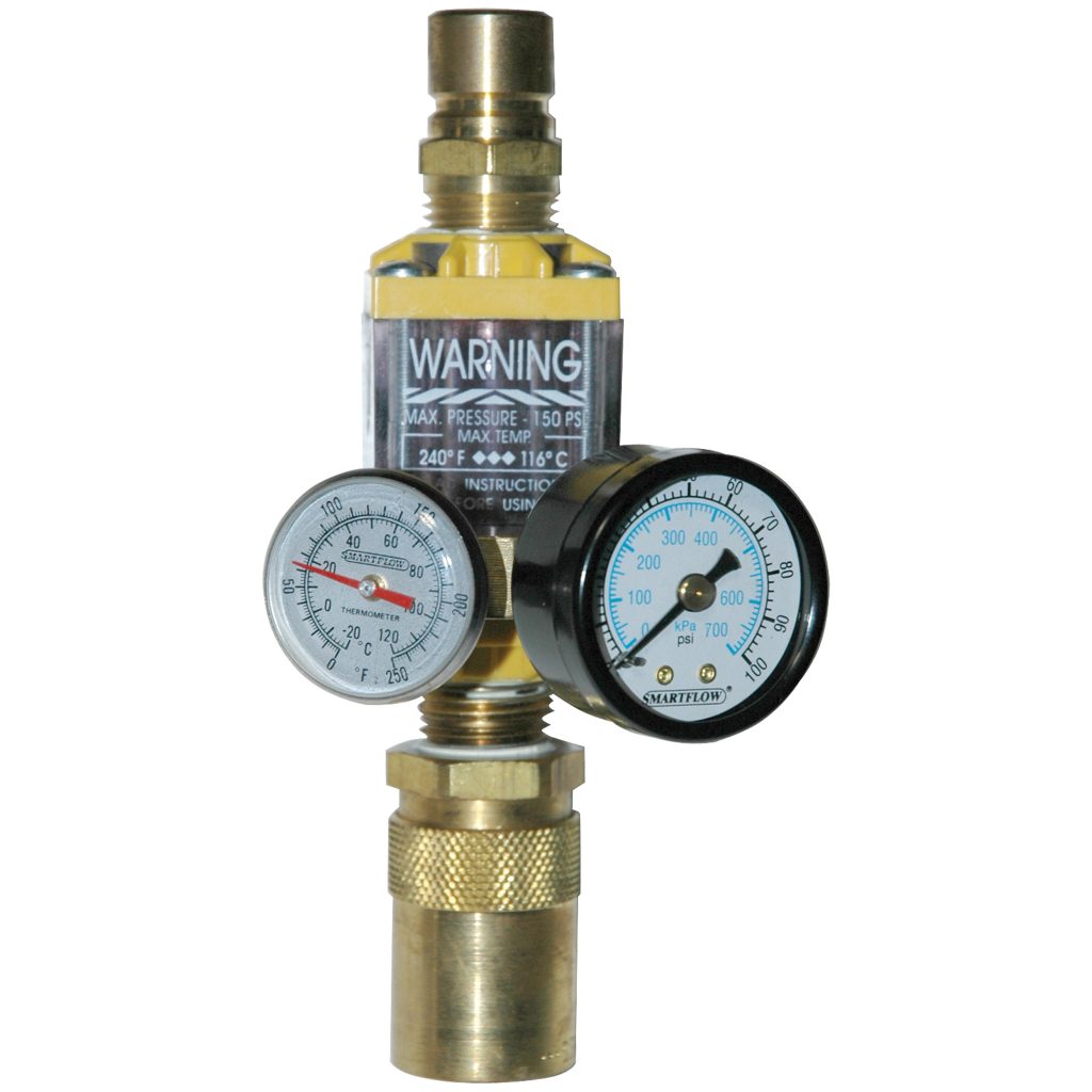 Flowmeter, 1/2" NPT, 8.0 gpm, Nylon, Thermometer, Pressure Gauge (100 psi), QD's