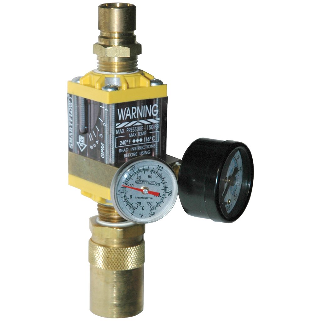 Flowmeter, 1/2" NPT, 8.0 gpm, Nylon, Thermometer, Pressure Gauge (100 psi), QD's