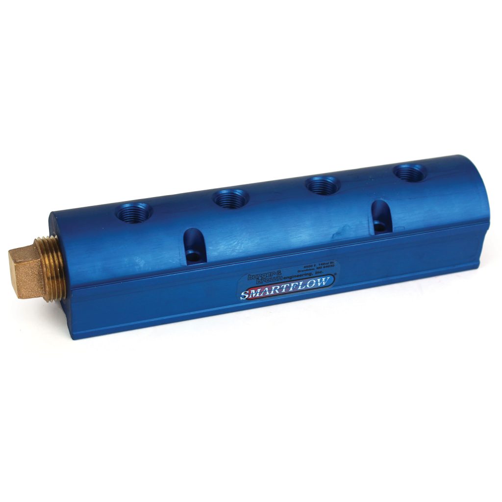 Manifold, Blue Aluminum, (2) 1" Inlets and (4) 3/8" Ports, with (1) Bronze End Plug