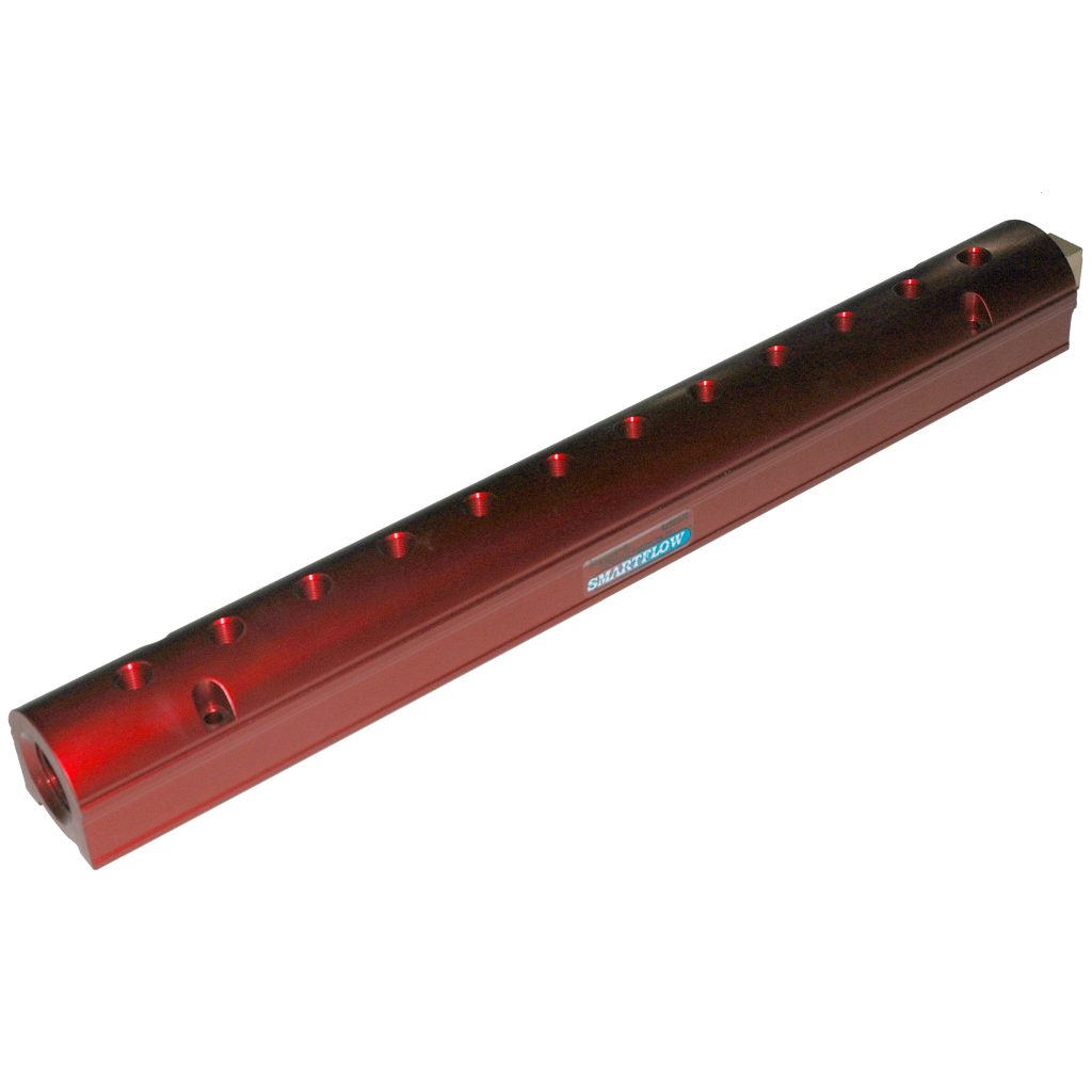 Manifold, Red Aluminum, (2) 3/4" Inlets and (12) 3/8" Ports, with (1) Bronze End Plug