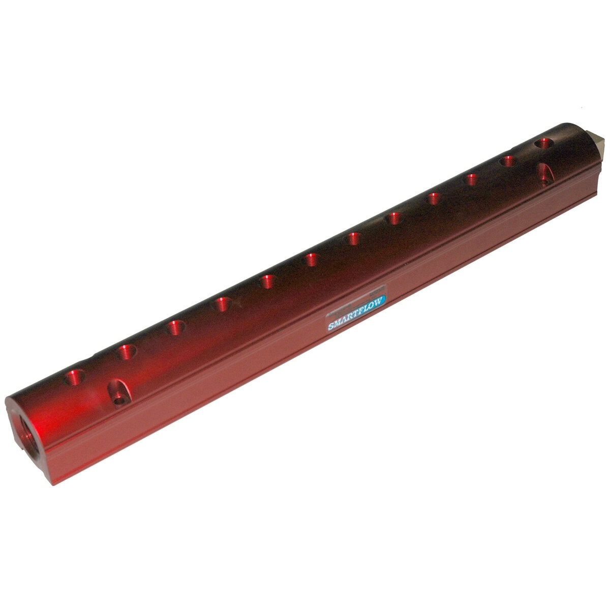 Manifold, Red Aluminum, (2) 3/4" Inlets and (12) 3/8" Ports, with (1) Bronze End Plug - Image 1
