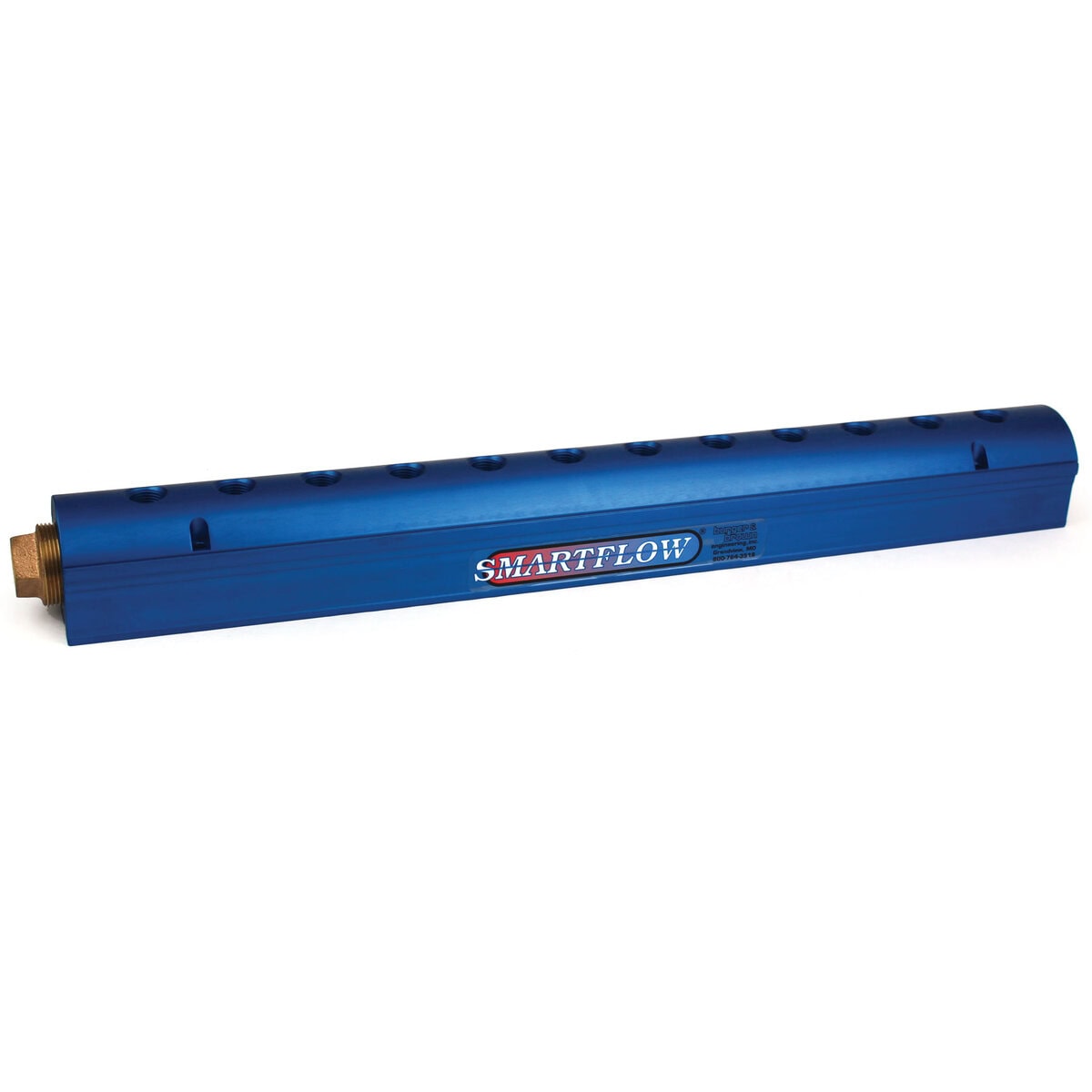 Manifold, Blue Aluminum, (2) 1-1/2" Inlets and (12) 1/2" Ports, with (1) Bronze End Plug - Image 1