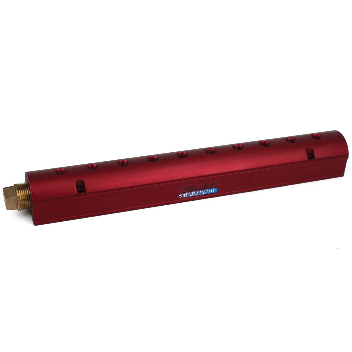 Manifold, Red Aluminum, (2) 1" Inlets and (10) 1/4" Ports, with (1) Bronze End Plug - Image 1