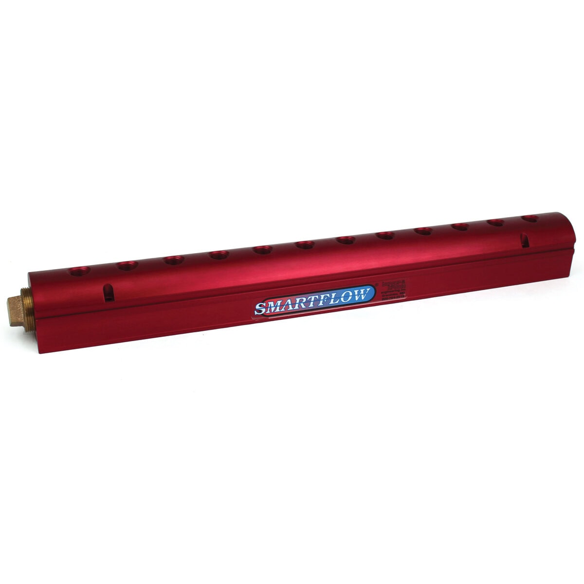Manifold, Red Aluminum, (2) 1" Inlets and (12) 3/8" Ports, with (1) Bronze End Plug - Image 1