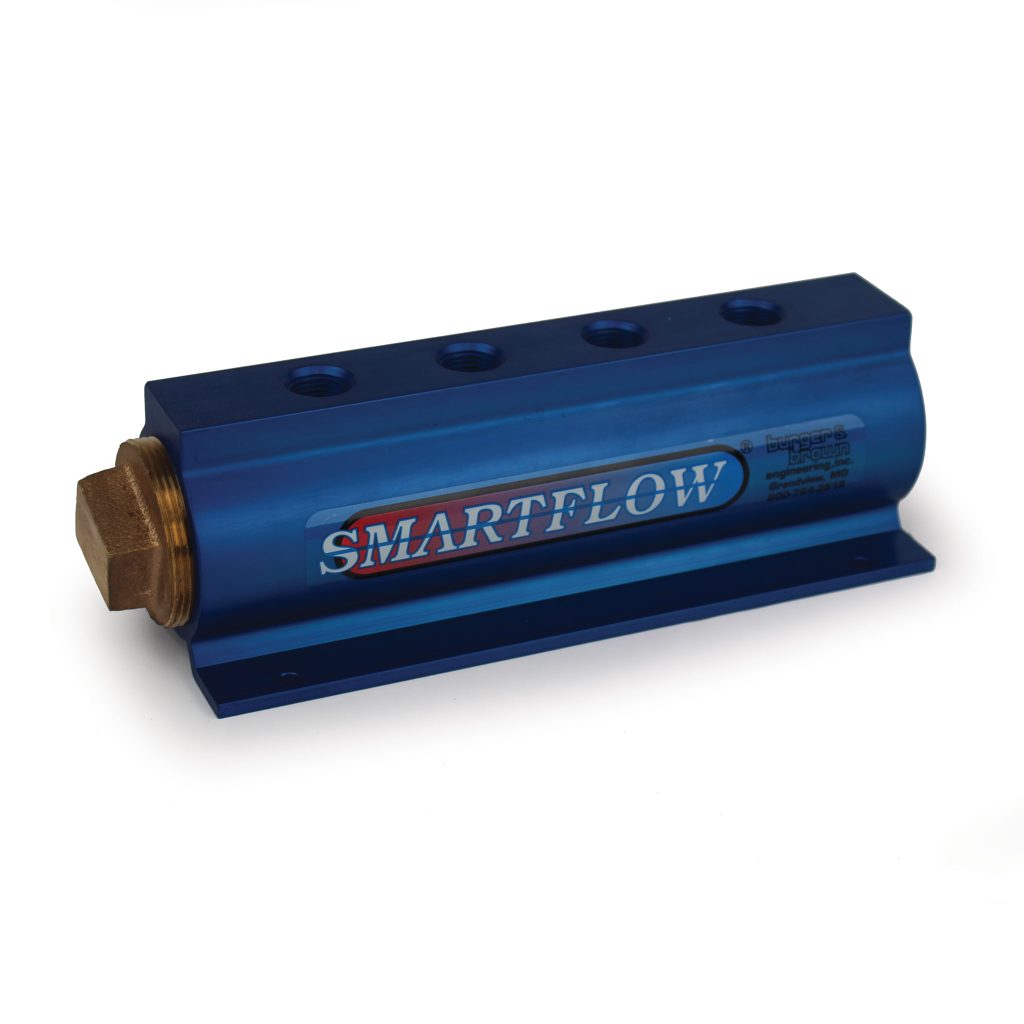 Manifold, Blue Aluminum, (2) 2" Inlets and (4) 1/2" Ports, with (1) Bronze End Plug