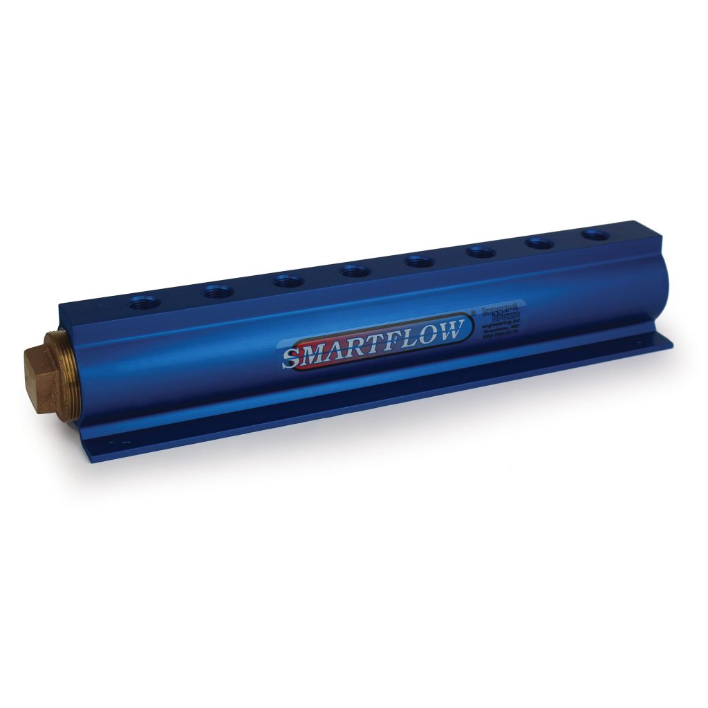 Manifold, Blue Aluminum, (2) 2" Inlets and (8) 1/2" Ports, with (1) Bronze End Plug
