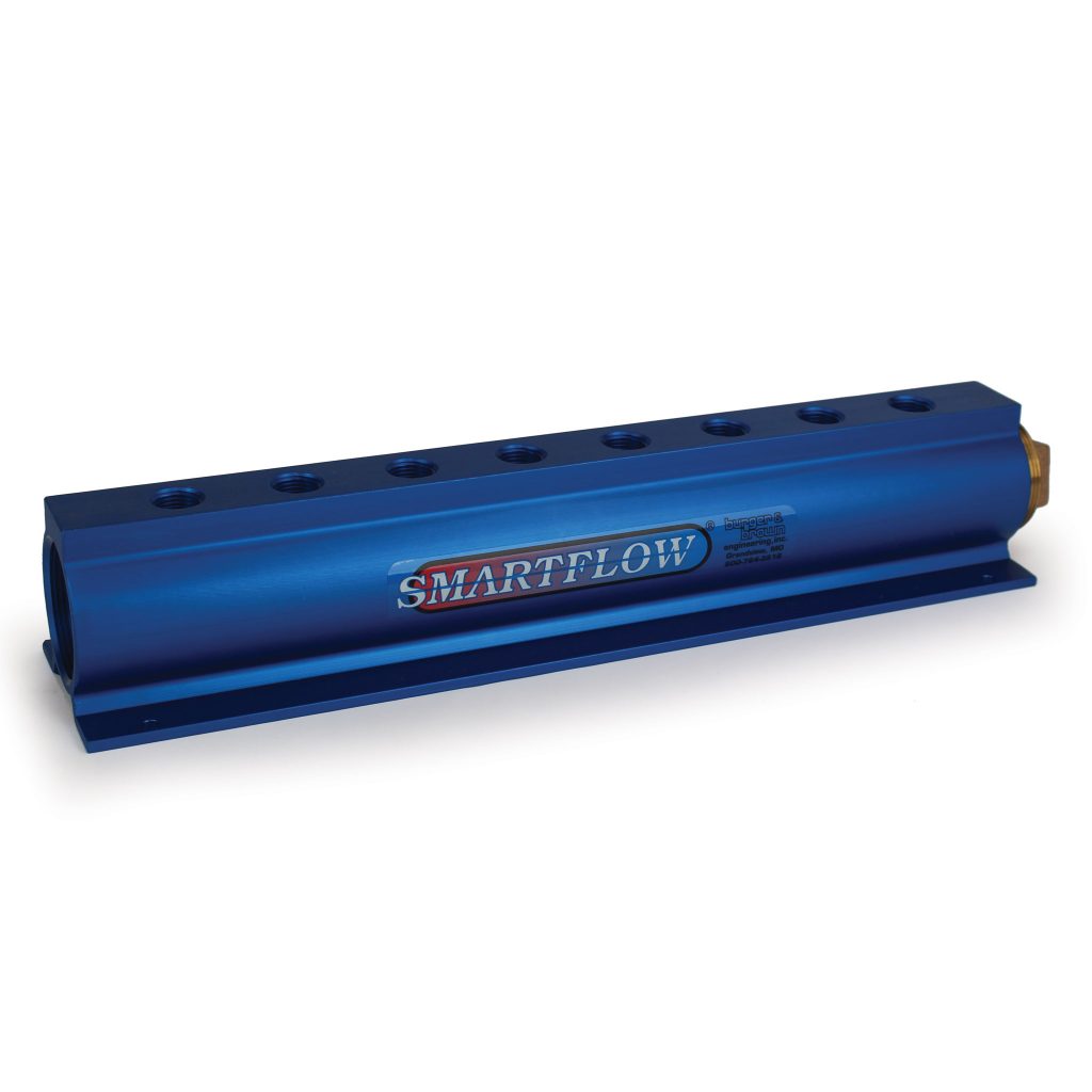 Manifold, Blue Aluminum, (2) 2" Inlets and (8) 1/2" Ports, with (1) Bronze End Plug