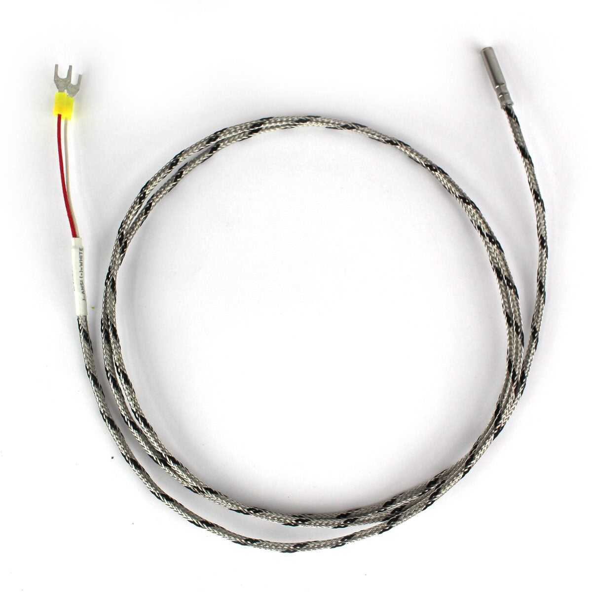 Thermocouple, Probe Style, Type J, 3/16" x 1" Tip, 48" SS Braided Lead with Spade Lugs, Grounded - Image 1