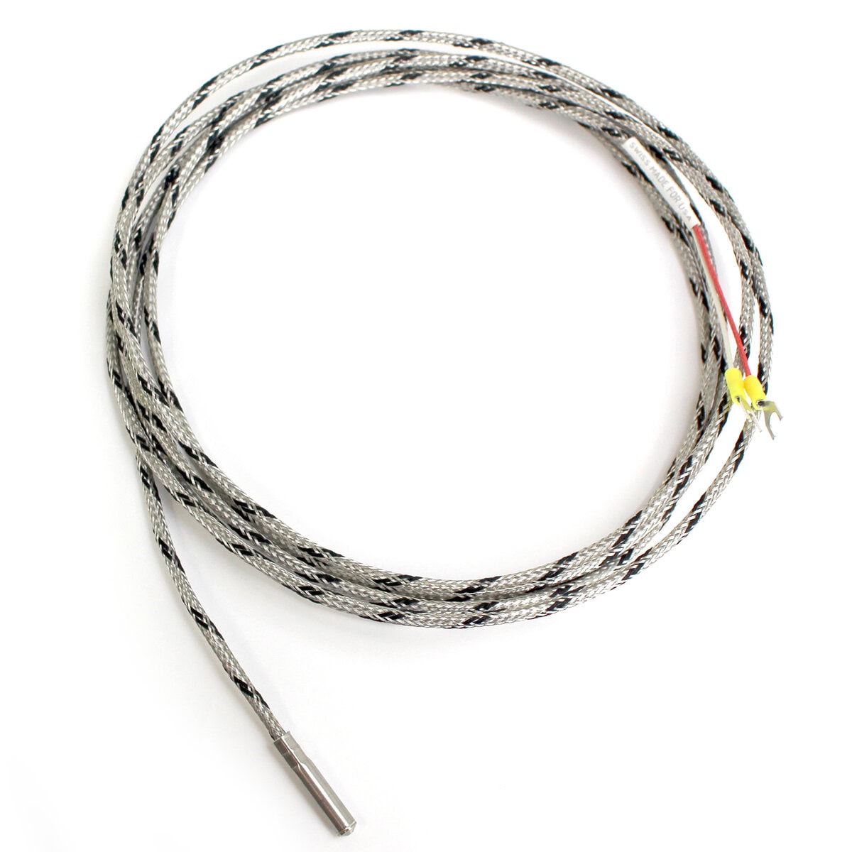 Thermocouple, Probe Style, Type J, 3/16" x 1" Tip, 96" SS Braided Lead with Spade Lugs, Grounded - Image 1