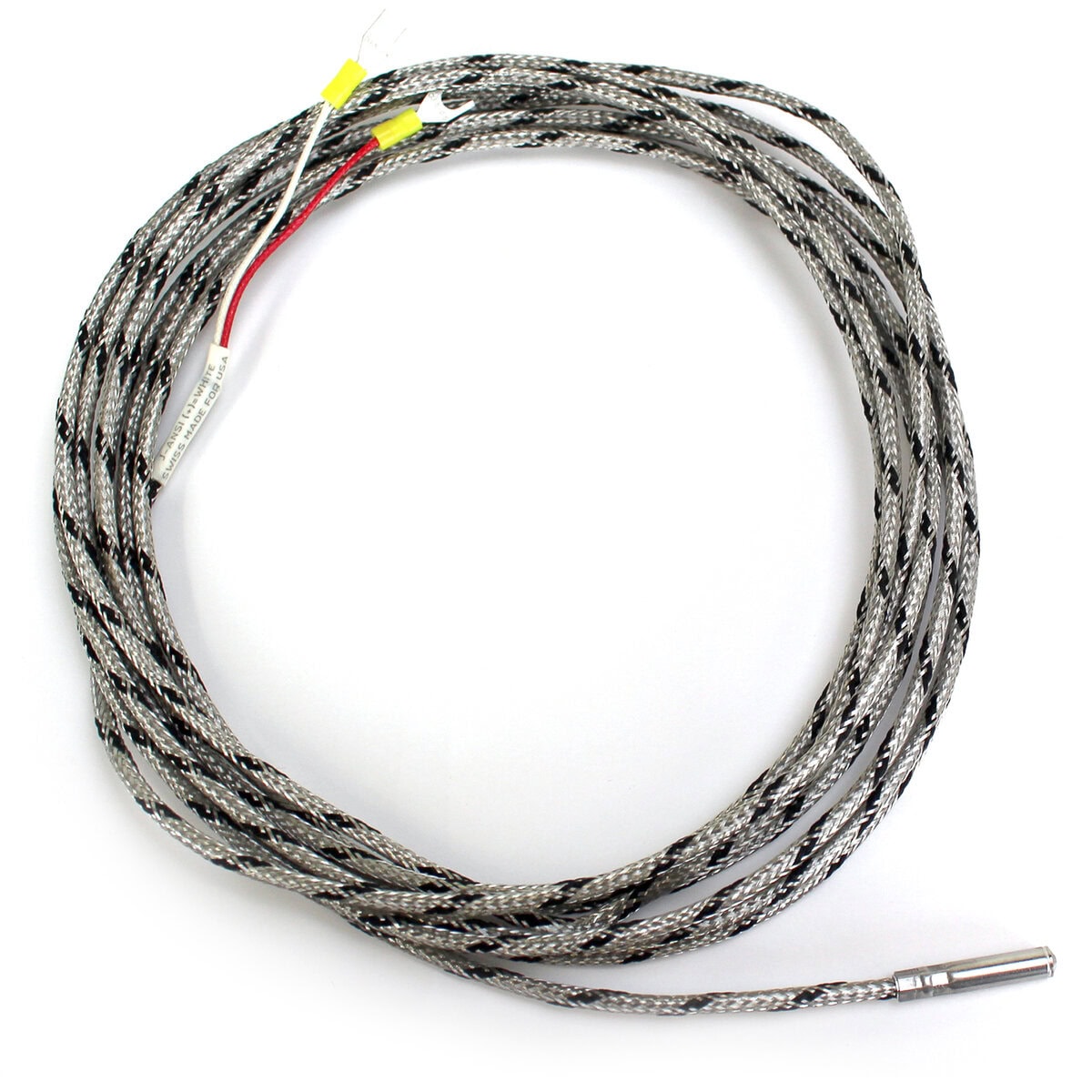 Thermocouple, Probe Style, Type J, 3/16" x 1" Tip, 144" SS Braided Lead with Spade Lugs, Grounded - Image 1