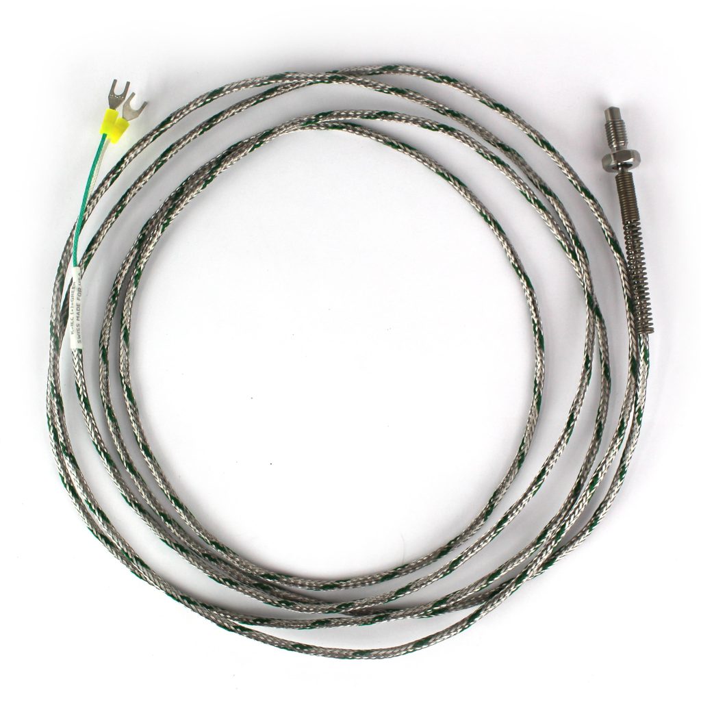 Thermocouple, Nozzle/Bolt Style, Type K, 1/4"-28 Thread, 3/16" Tip, 48" SS Leads, Spade Lugs, Grounded