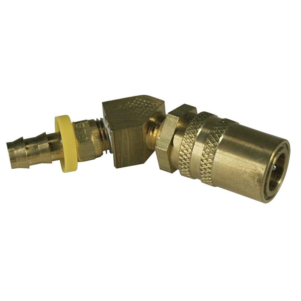 Coupler, 3/8" Passage, 45 Degree, 3/8" Hose Barb, Push-On, 326P Series.
