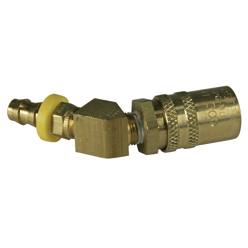 Coupler, 3/8" Passage, 45 Degree, 3/8" Hose Barb, Push-On, 326P Series.