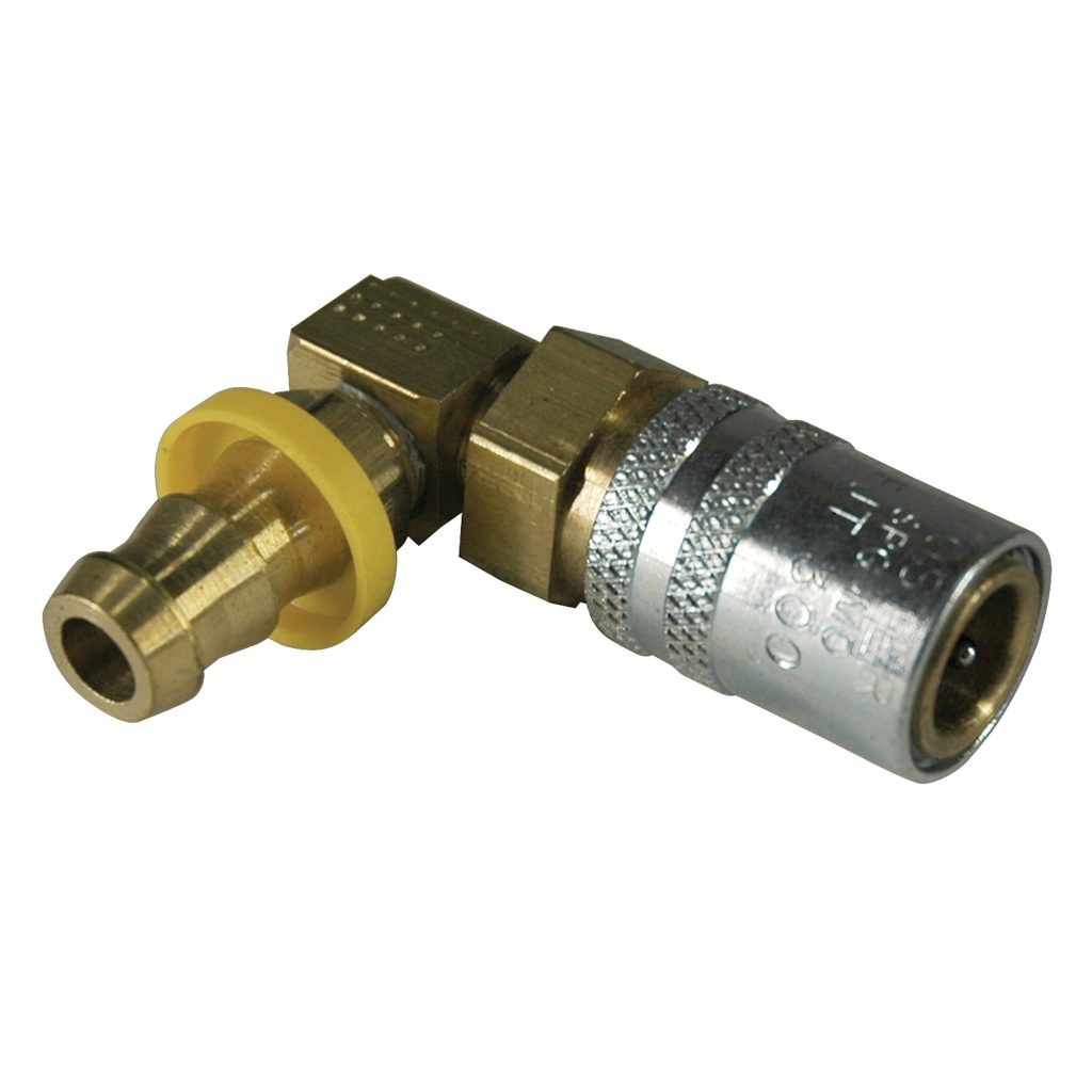 Coupler, 3/8" Passage, 90 Degree, 1/2" Hose Barb, Push-On, Valved, 318VP Series.