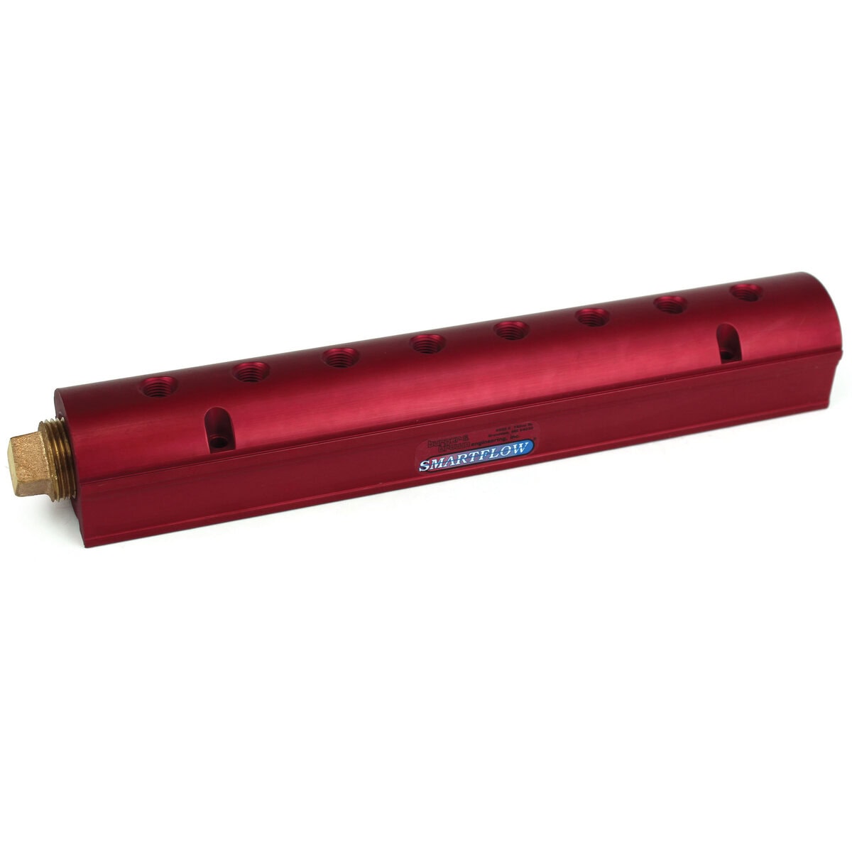 Manifold, Red Aluminum, (2) 3/4" Inlets and (8) 1/4" Ports, with (1) Bronze End Plug - Image 1