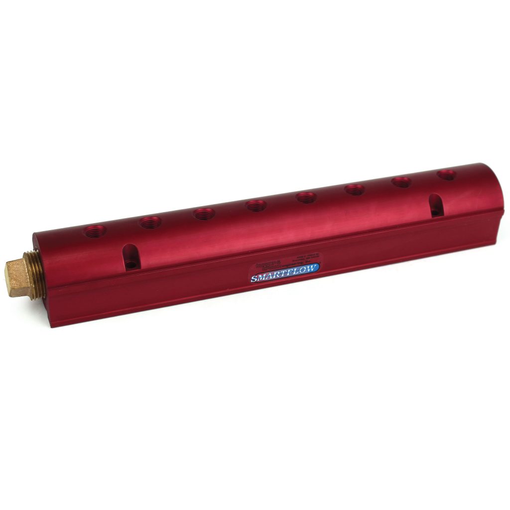 Manifold, Red Aluminum, (2) 1" Inlets and (8) 3/8" Ports, with (1) Bronze End Plug