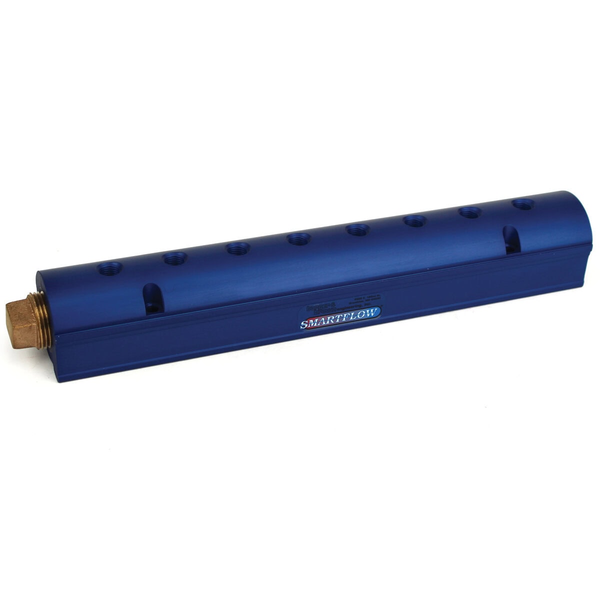 Manifold, Blue Aluminum, (2) 1" Inlets and (8) 3/8" Ports, with (1) Bronze End Plug - Image 1