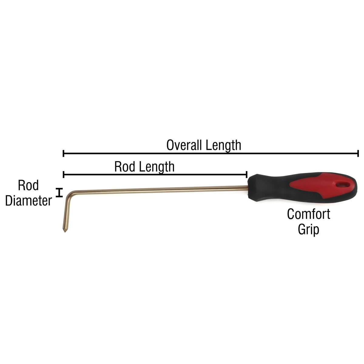 Brass Rod, 90 Degree Bend with Pointed Nose, 3/16" Rod Diameter, 11-3/4" Overall Length, Ergonomic Soft Comfort Grip - Image 3