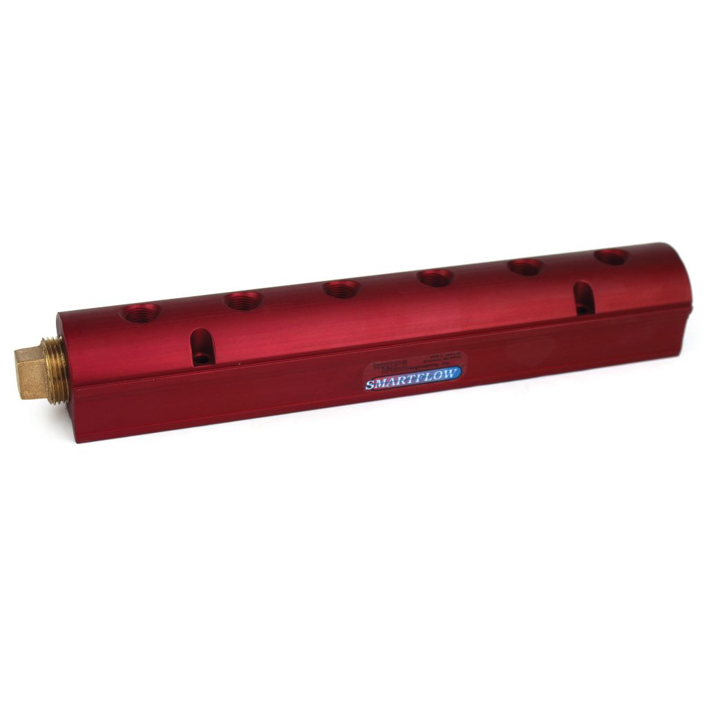 Manifold, Red Aluminum, (2) 1" Inlets and (6) 3/8" Ports, with (1) Bronze End Plug