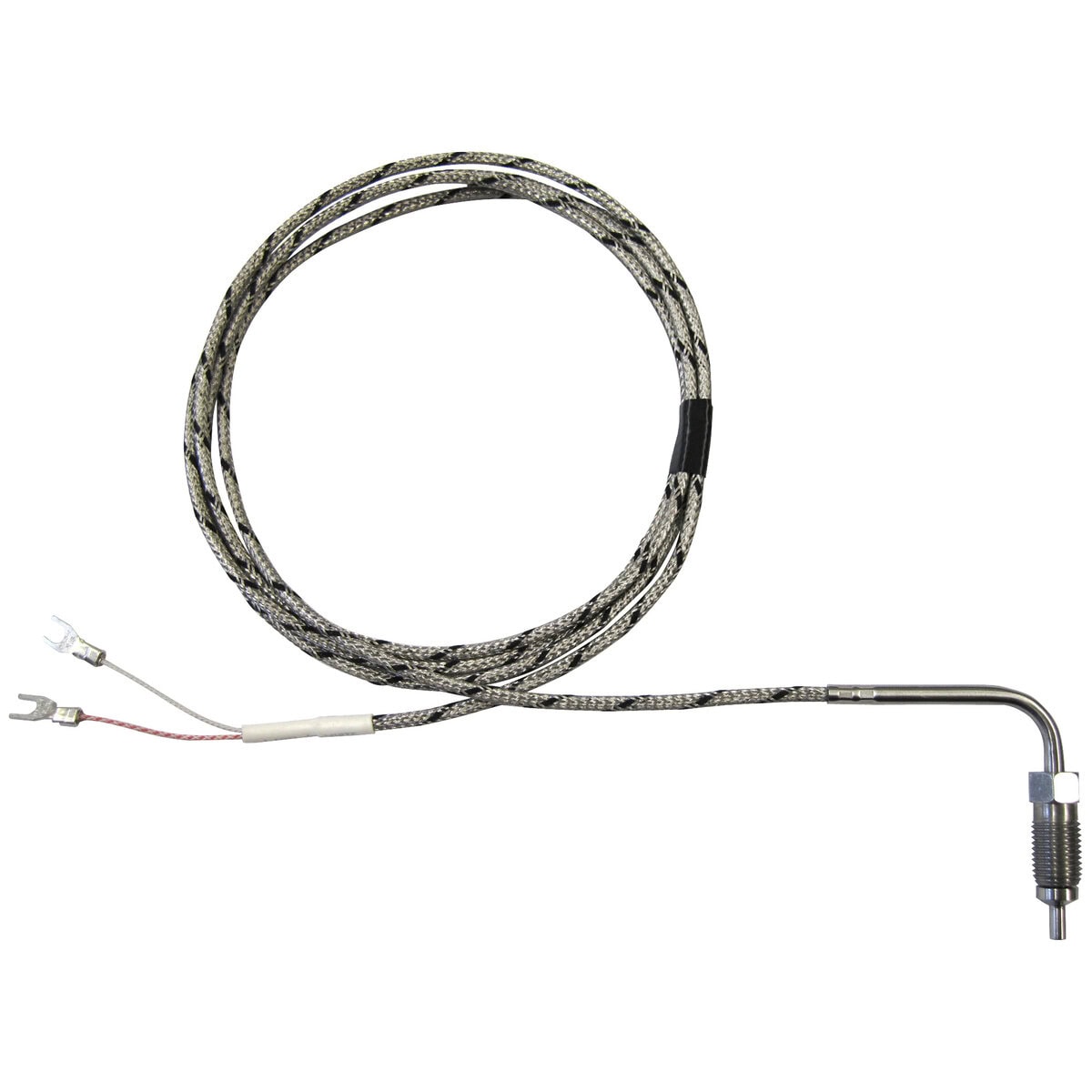 Thermocouple, Direct Melt Style B, Type J, Tungsten Tip, 48" SS Leads, Spade Lugs, 3/8"-24 Thread, Grounded - Image 1