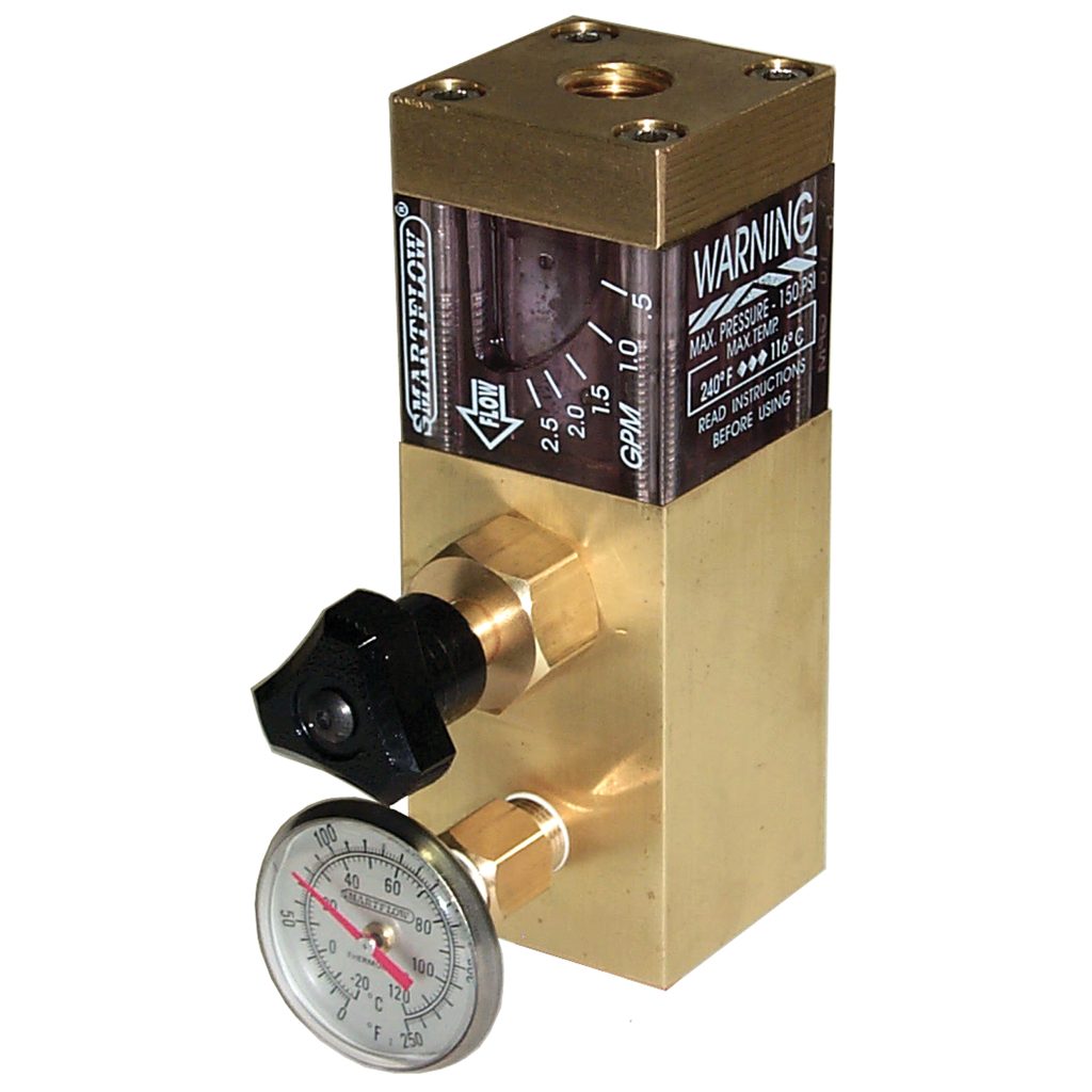 Flow Regulator, Brass, 1/4" NPT Inlet, 3/8" NPT, 1.5 gpm, with Temp Gauge & Quick Change Fittings